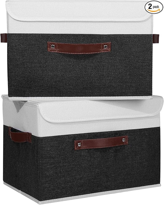 ANMINY 2PCS Storage Boxes with Lid Washable Decorative Storage Bins Basket with PU Leather Handle Foldable Linen Fabric Storage Cubes Containers for Home Closet Organizer - Black White, Large Size-NeatNest