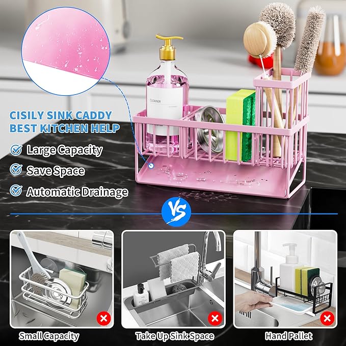 Cisily Pink Kitchen Sink Caddy Organzier with High Brush Holder, Sponge Holder for Sink, 304 Rustproof Stainless, Kitchen Countertop Soap Dispenser Organizer-NeatNest