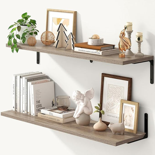 Fun Memories Deep Floating Shelves, 36W x 8D Floating Shelves Set of 2, Wall Mounted Shelf with Metal Brackets, Rustic Wood Wall Shelf for Bathroom, Kitchen and Living Room, Grey-NeatNest
