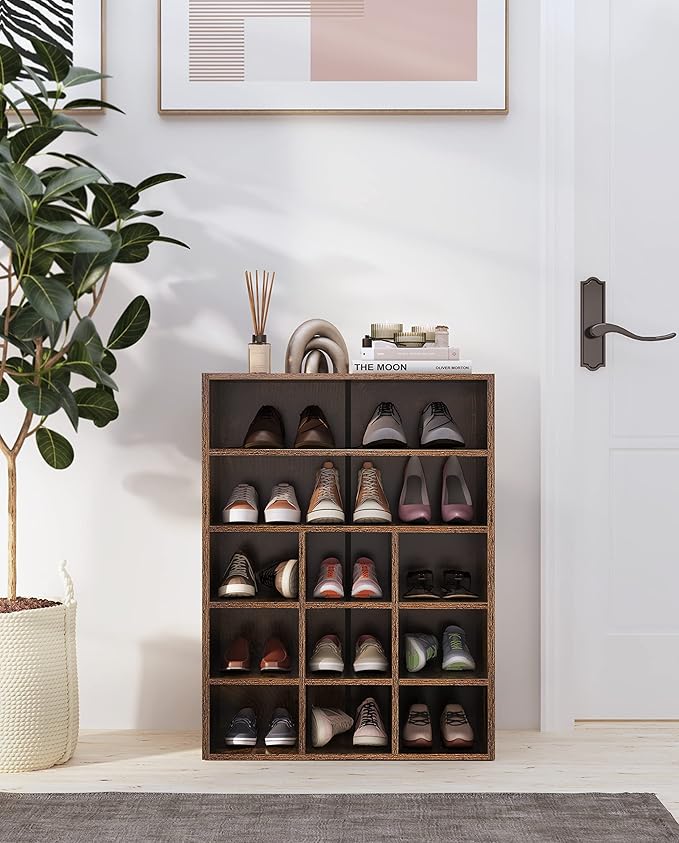 HAIOOU Shoe Cubby, 9-Cube Stackable Wood Shoe Rack Organizer 5-Tier Freestanding Wooden Shoe Stand with 2 Storage Shelf for 10-15 Pairs, Ideal for Apartment Entryway Closet Organization - Rustic-NeatNest
