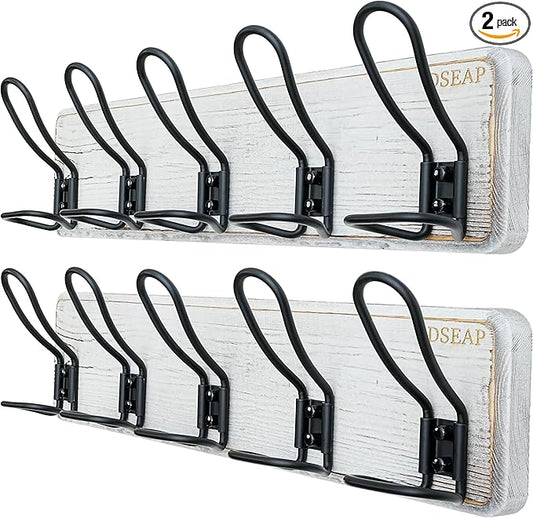 Dseap Coat Rack Wall Mounted - Heavy Duty Farmhouse Rustic Wall Coat Hanger With 5 Wire Hooks for Clothes Hat Jacket Towel, RusticWire, G25A, Whitewash & Black, Pack of 2-NeatNest