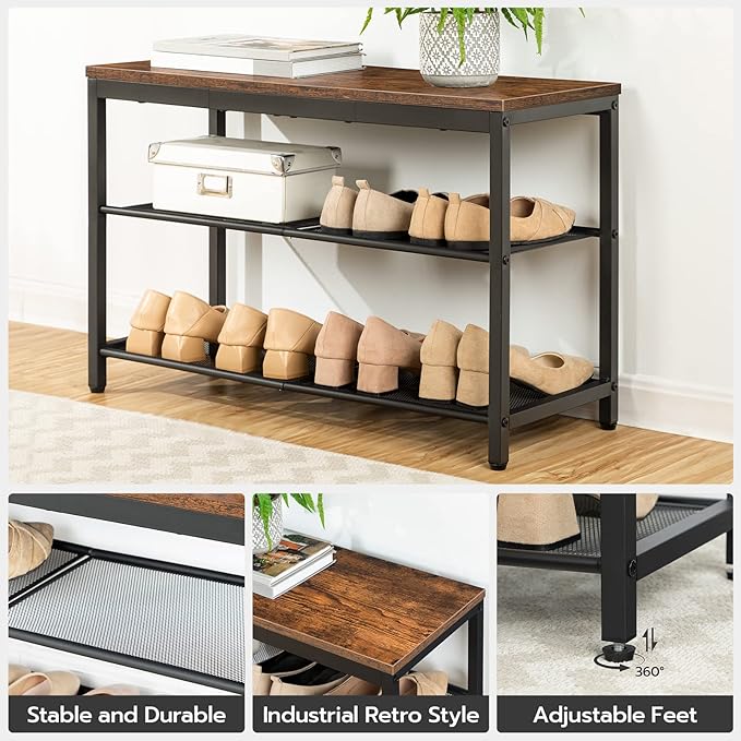 HOOBRO Shoe Bench, 3-Tier Shoe Rack, Industrial Shoe Organizer Storage Bench, 29.5 inches Entry Bench with Mesh Shelves, for Entryway, Living Room, Hallway, Easy Assembly, Rustic Brown BF75HX01-NeatNest