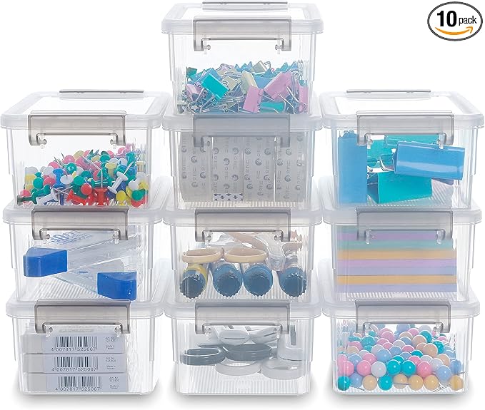 Citylife 0.53 QT 10 Packs Small Storage Bins Plastic Storage Container Stackable Box with Lids for Organizing, Clear White-NeatNest