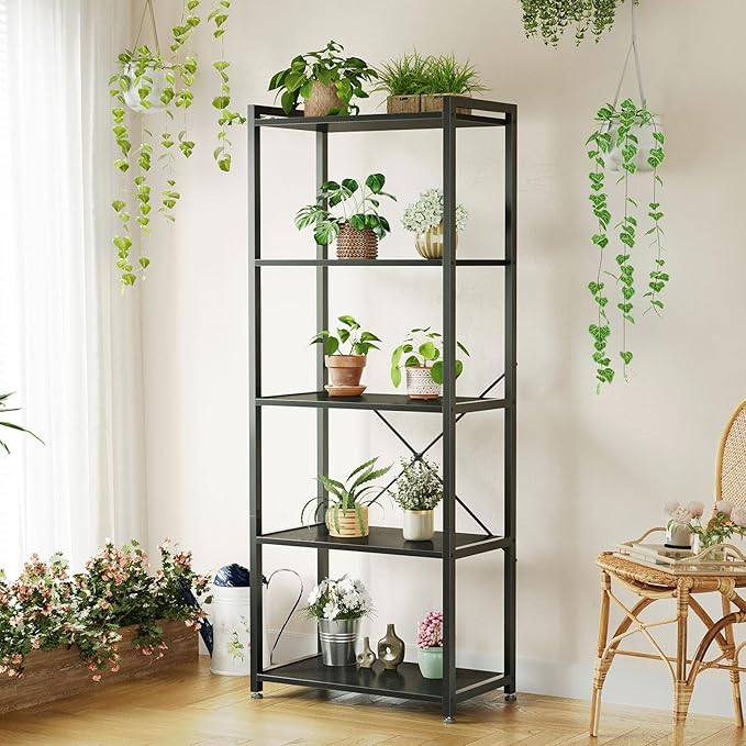 Casaottima Book Shelf, 5 Tier Bookshelf, Modern Wood Bookcase Shelves for Bedroom, Industrial Display Shelf for Living Room Home Office Kitchen, Standing Shelving Unit Storage Organizer, Black-NeatNest