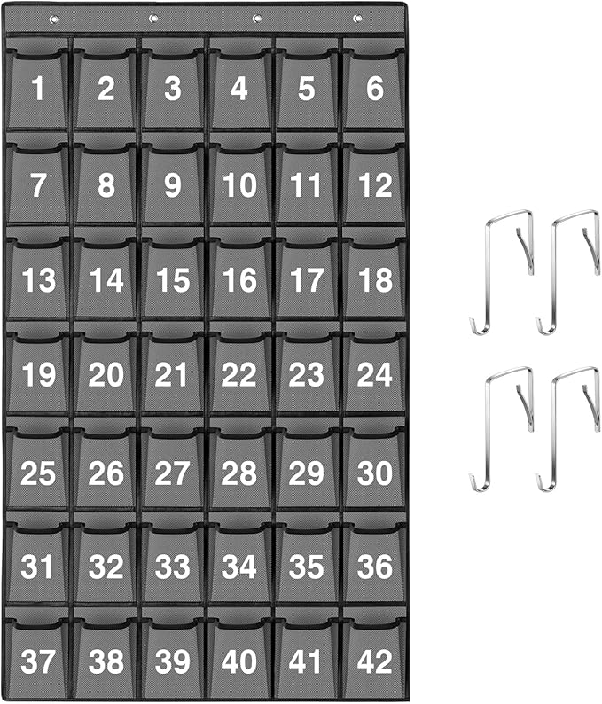 42 Pockets Numbered Classroom Pocket Chart for Cell Phones, Hanging Pocket Chart Storage for Classroom Phone Calculator Holder with 4 Hooks and 42 Clear Numbers Printing (Grey-42pockets)-NeatNest