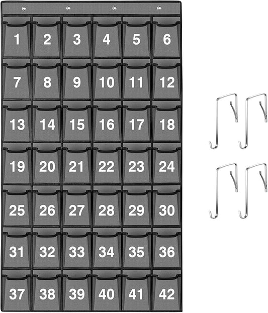 42 Pockets Numbered Classroom Pocket Chart for Cell Phones, Hanging Pocket Chart Storage for Classroom Phone Calculator Holder with 4 Hooks and 42 Clear Numbers Printing (Grey-42pockets)-NeatNest
