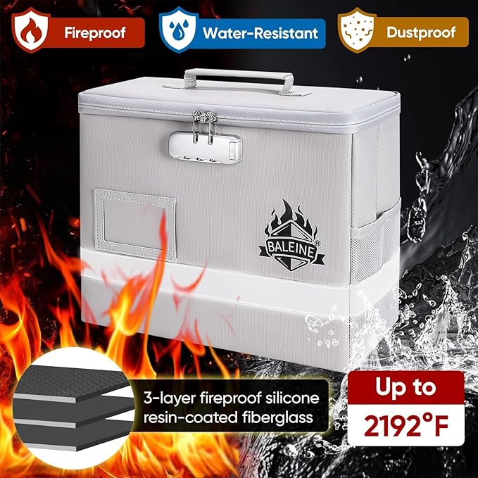 BALEINE Fireproof Document Box with Lock, Portable Fireproof Document Bag Waterproof Fire Proof File Boxes for Documents, File Organizer Box for Important Paperwork (Silver, 12.5''x10.5''x6'')