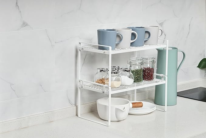2Pack Kitchen Cabinet Shelf Counter Organizer Rack Pantry Storage Bathroom Bedroom Office Table Desk Space Saving Stackable Rust Resistant Non Slip White Wide L16.1in W10.6in H7.3in-NeatNest