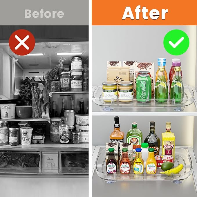 HIYOHIYO Clear Lazy Susan for Refrigerator Rectangular Fridge Turntable Organizers and Storage Pull Out & 360° Rotating for Cabinet Pantry Kitchen Table Bathroom (2-Pack 13.7"x10.2")