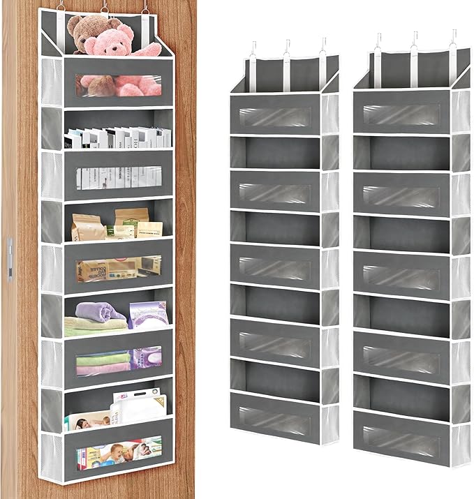 2 Packs 5-Tier Over the Door Storage Organizer with 10 Side Mesh Pockets, 48 lbs Load Capacity, 3 Hooks Design, Hanging Organizer with Clear Windows for Bathroom, Bedroom, Nursery, Kitchen-Grey