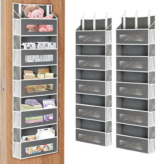 2 Packs 5-Tier Over the Door Storage Organizer with 10 Side Mesh Pockets, 48 lbs Load Capacity, 3 Hooks Design, Hanging Organizer with Clear Windows for Bathroom, Bedroom, Nursery, Kitchen-Grey