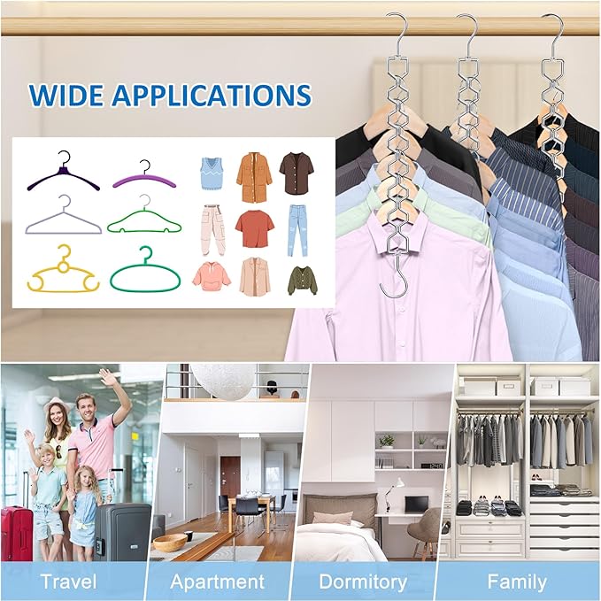 3 Pack Space Saving Hangers for Clothes, Heavy Duty 30Lbs Capacity Magic Collapsible Clothes Space Saver Metal Hanger Organizer with 360° Swivel Hook, Closet Organizers Storage Dorm Essentials Silver-NeatNest