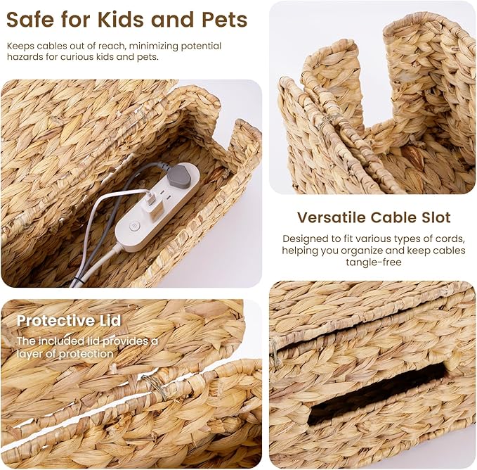 Cable Management Box Water Hyacinth Cable Organizer Box and Power Strip Box for Electrical Cord Management Desk Cord Hider and Floor Cable Management
