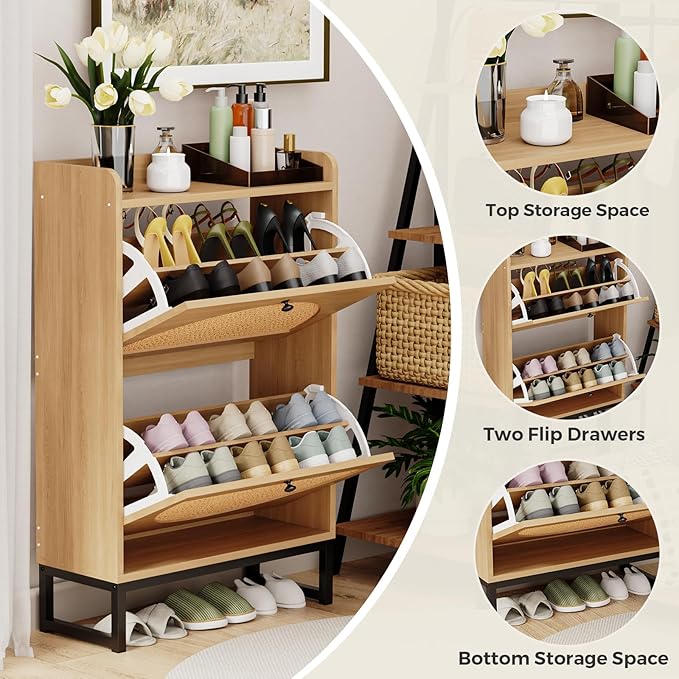 Shoe Cabinet with 2 Flip Drawers, Natural Rattan Freestanding Shoe Cabinet Storage for Entryway, Slim Shoes Organizer with Metal Legs, Narrow Shoe Rack Cabinet for Hallway (2 Flip Drawers, WOOD)-NeatNest