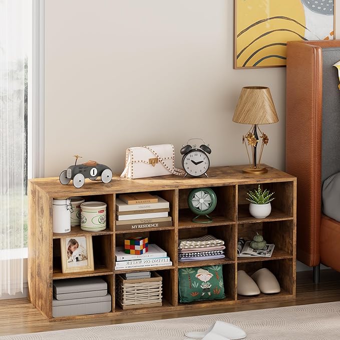 Garden 4 you Shoe Storage Bench, Cubby Shoe Rack with 12 Cubbies, 3-Tier Wood Shoe Rack Organizer, Shoe Organizer Cabinet for Entryway, Hallway, Closet and Garage, Brown-NeatNest