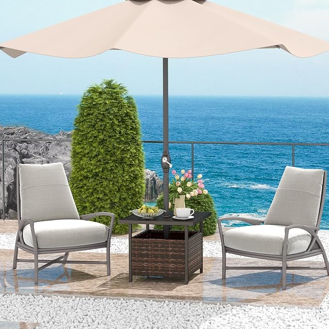 Patio Side Table with Umbrella Hole, 22" Rattan Wicker Umbrella Stand Table, Outdoor End Table for Patio, Garden, Poolside & Yard (Mix Brown)