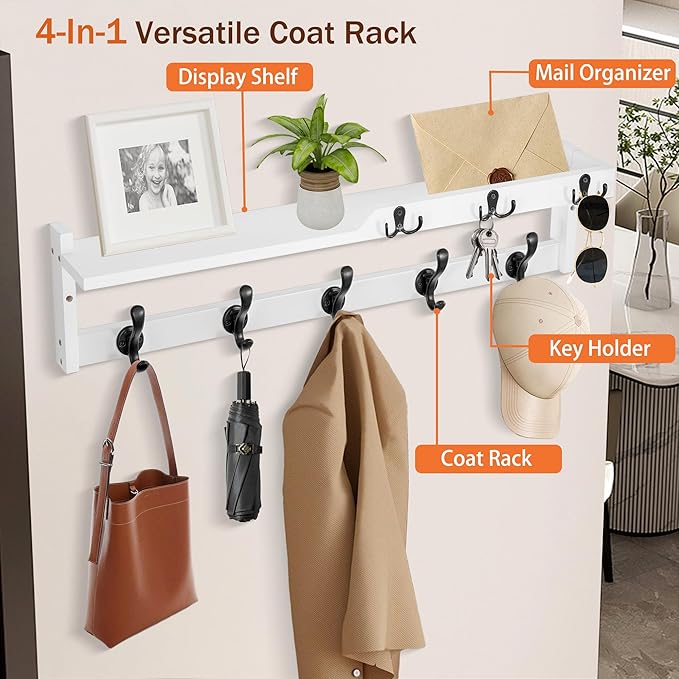 29'' Coat Rack Wall Mount with Shelf, Coat Hanger Wall Mount with Key Hooks and Mail Holder, Wood Entryway Floating Shelf with Hooks and Storage, Hat Rack for Wall Key Holder Mail Organizer