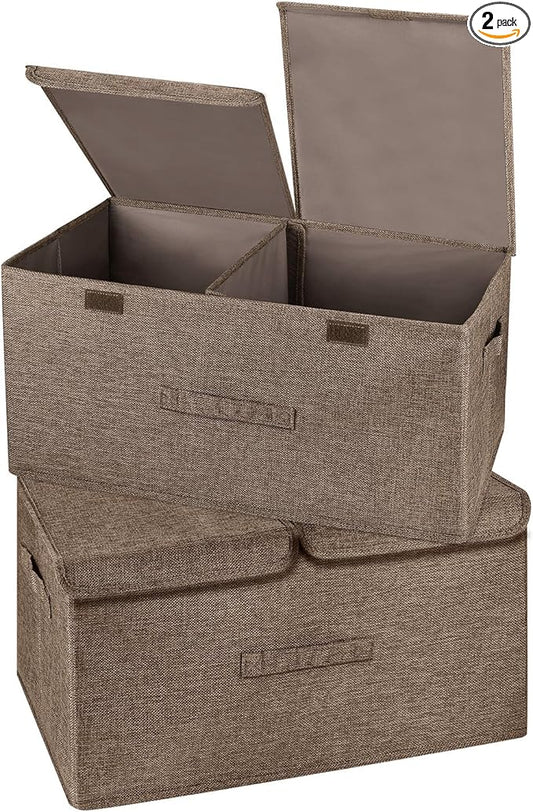 2 Pack Large Storage Boxes with Lids and Handles, Collapsible Linen Storage Bins Organizer Containers Baskets Cube with Removable Divider for Home Bedroom Closet Office (Coffee, Large)-NeatNest