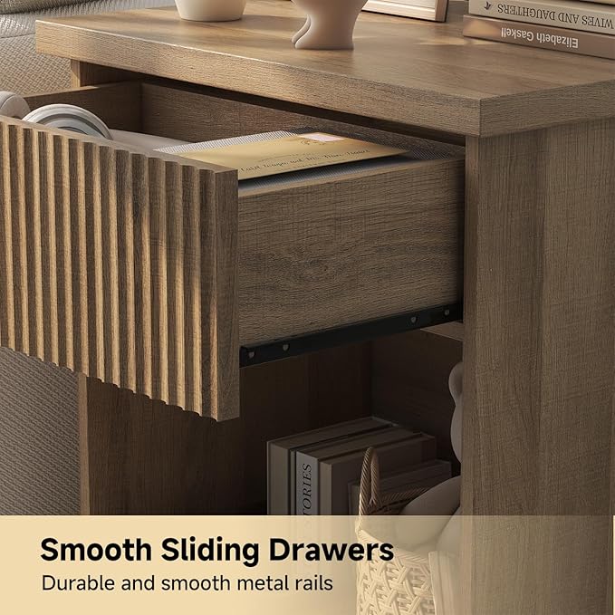 Fluted Nightstand, 22.8" Wide Nightstands with Drawer Storage Large Wood BedsideTable Night Stand for Bedroom, Natural Oak