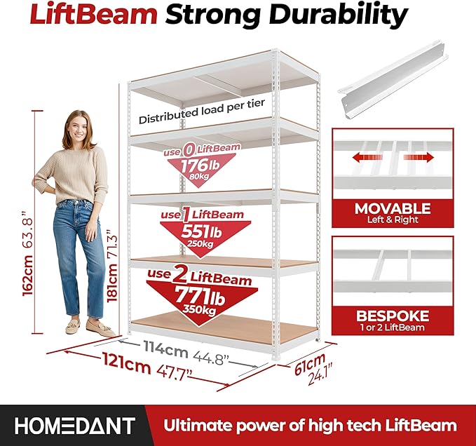 HOMEDANT White 5 Tier Laminated Boltless Heavy Duty Garage Storage Adjustable Wide Size Metal Shelving Unit Utility Rack Shelves Organization Shelf Shed Warehouse 47.7" W x 24.1" D x 71.3" H 1Pack-NeatNest