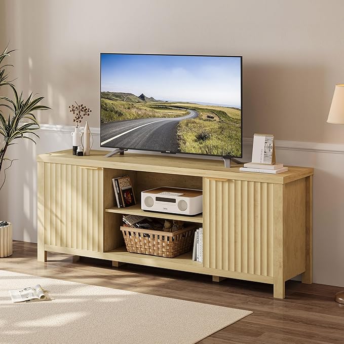 Fluted TV Stand for TVs up to 65'',Mid Century Modern Entertainment Center with Adjustable Shelves, Wood Media TV Console Cabinet with Fluted Doors for Living Roon Bedroom Natural LTV90Y-NeatNest