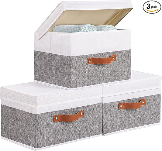 Fabric Storage Boxes with Lids, Linen Foldable Cloth Baskets, Closet Organizer Containers with Double Handles, Sweater Bins for Bedroom, White and Grey, 3 Pack, 13 x 9.1 x 7.9 Inch-NeatNest