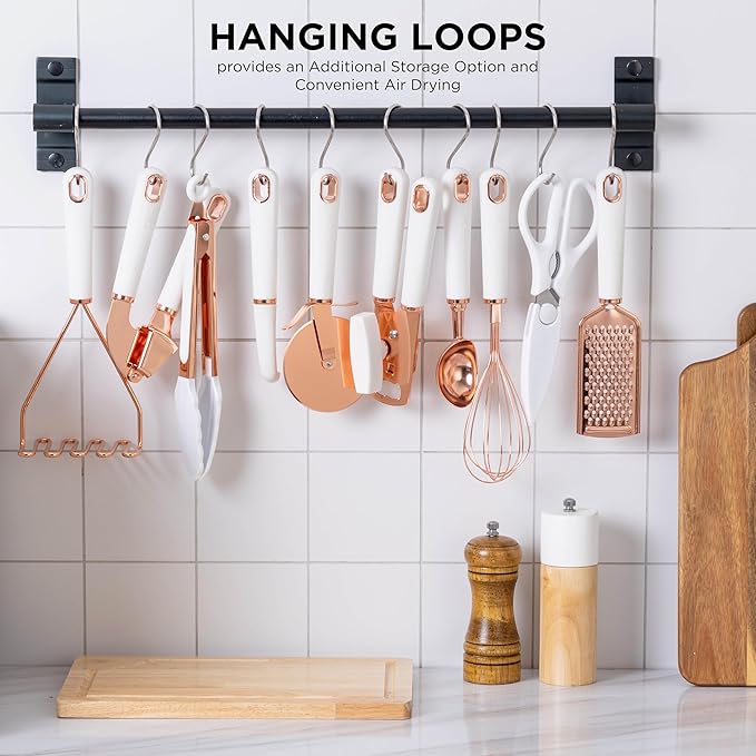 COOK WITH COLOR Kitchen Gadget Set Copper Plated Stainless Steel Utensils with Soft Touch Handles, Copper White, 10 Pieces-NeatNest