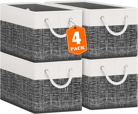Fab totes Storage Bins [4-Pack], Foldable Storage Baskets for Organizing Toys, Books, Shelves, Closet, Large Storage Box with Rope Handles, Sturdy Organizer Bins, White & Black-NeatNest