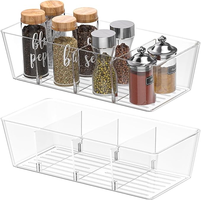 BALEINE Pantry Organizers and Storage Bins, Plastic Clear Storage Bins with 3 Removable Dividers, BPA-Free Fridge Organizers for Kitchen Cabinet Bathroom (10.5x6.1x3.5, 2PK)-NeatNest