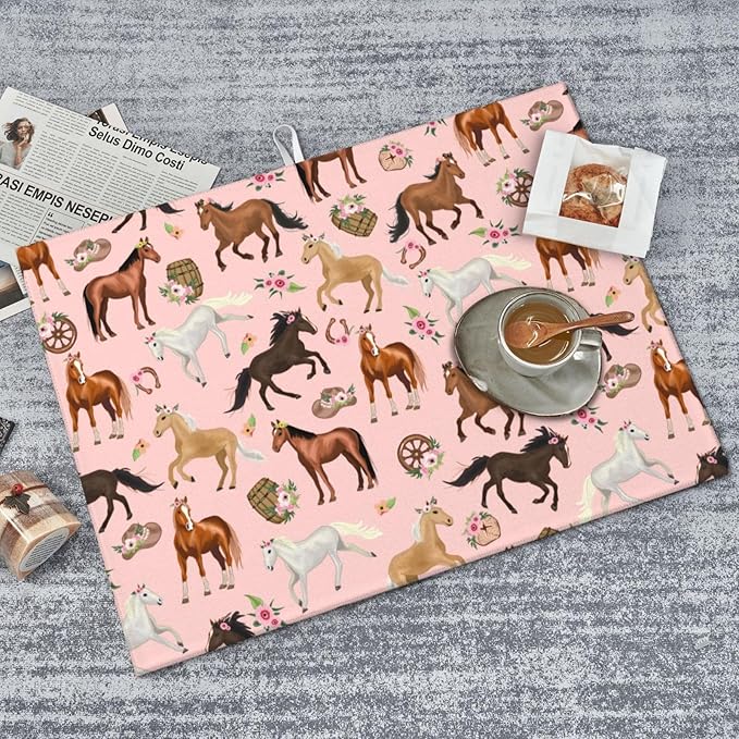 Horse Dish Drying Mat for Kitchen Counter Cute Kitchen Mat Microfiber Kitchen Countertop Absorbent Reversible Drainer Rack Pad Dish Drying Mat 18 x 24 Inch