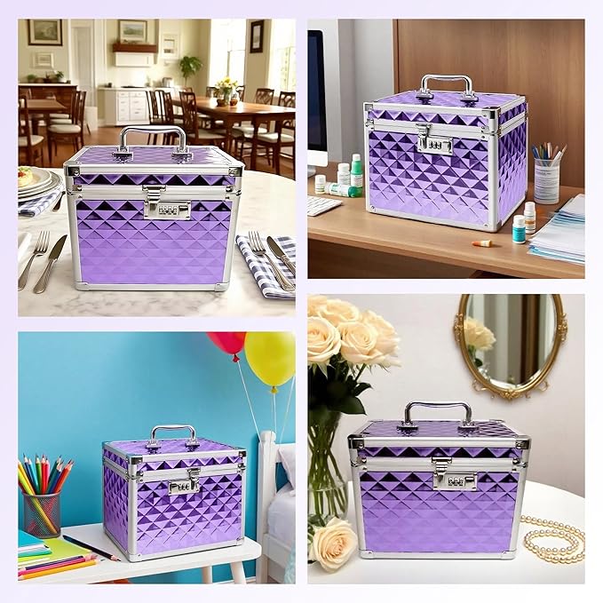 Medication Combination Lock Boxes with Code for Personal Items, Medicine Lockbox for Documents 10 x 7.25 x 7.75 Inches Plaid Purple