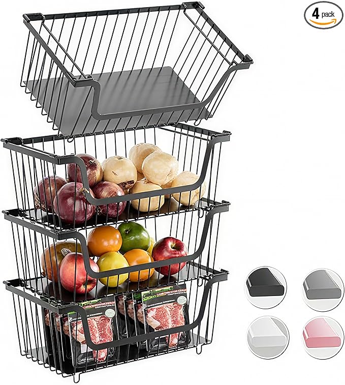 4 Pcs Stackable Wire Baskets for Pantry Organizers and Storage,Vegetable Fruit Basket for Countertop,Kitchen Storage Metal Baskets,Produce Potato Onion Storage Bin,Black