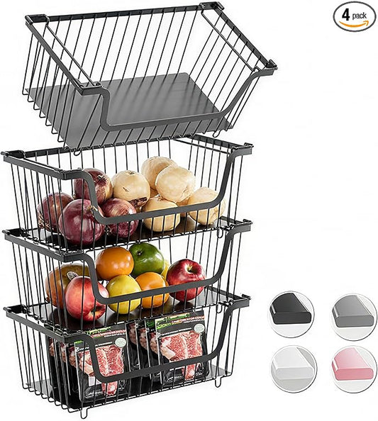 4 Pcs Stackable Wire Baskets for Pantry Organizers and Storage,Vegetable Fruit Basket for Countertop,Kitchen Storage Metal Baskets,Produce Potato Onion Storage Bin,Black
