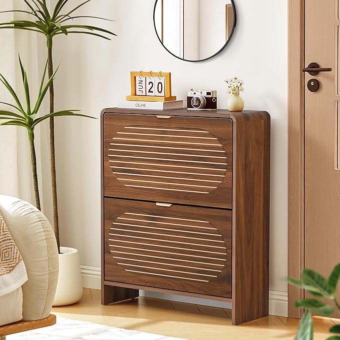Narrow Shoe Storage Cabinet for Entryway with 2 Flip Drawers, Freestanding Wood Shoe Cabinet with Arched Stripe Panel, Curved Edge Shoe Organizer Closed Shoe Rack for Hallway, Foyer (Walnut)-NeatNest