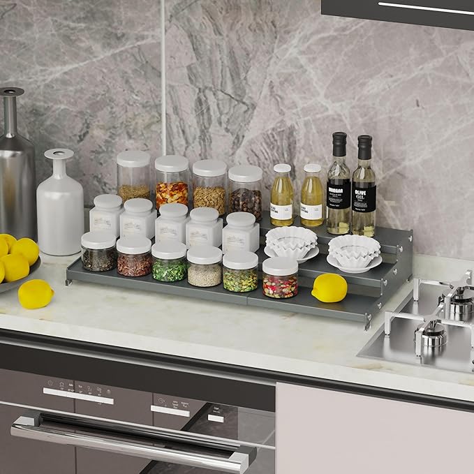 Expandable Spice Rack Storage organizer with 3-Tier step shelf cabinet,seasoning racks organizion.Great for Kitchen countertop shelves,Bathroom,dressing table,Cupboard,Pantry and more(1pack/Gun-gray)-NeatNest