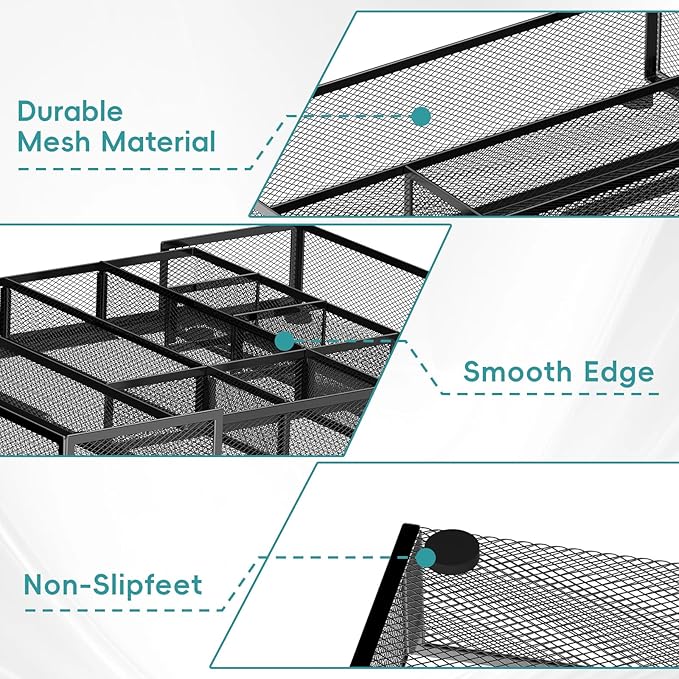 Expandable Desk Drawer Organizer, 10 Adjustable Compartments Mesh Tray with 5 Dividers, Versatile Storage for Office Supplies Makeup Vanity & Jewelry (Black)-NeatNest