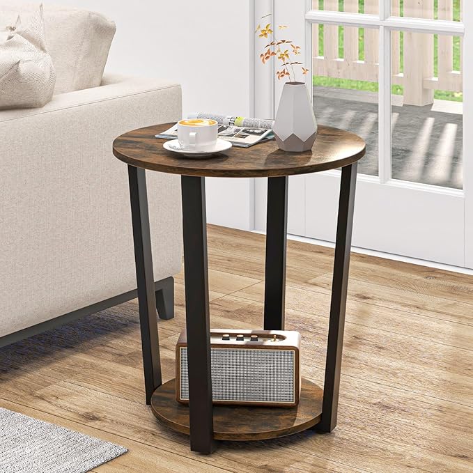 Giantex Round End Table, 2-Tier Side Sofa Table with Open Storage Shelf and Metal Frame, Industrial Nightstand Bedside Table for Living Room, Bedroom, Small Space, Accent Furniture, Rustic Brown