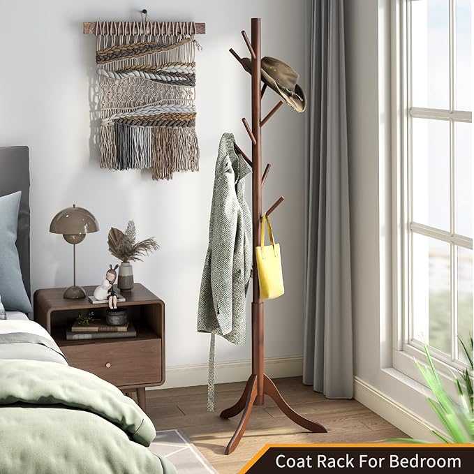 Coat Rack Freestanding, Coat Stands Entryway, Bamboo Coat Rack Hat Hanger 8 Hook for Jacket, Purse, Scarf Rack, Umbrella Tree Stand (Brown)-NeatNest