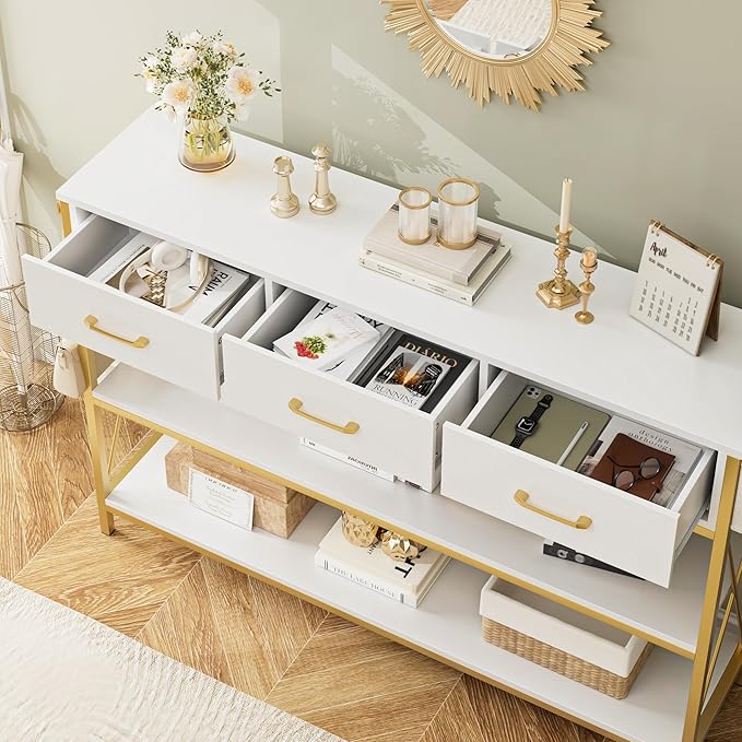 HITHOS 47.2" Console Table with 3 Drawers, Narrow Long Entryway Table with 3-Tier Storage Shelves, Industrial Sofa Foyer Table for Living Room, Hallway, Entry Way, Foyer, Kitchen, White/Gold-NeatNest