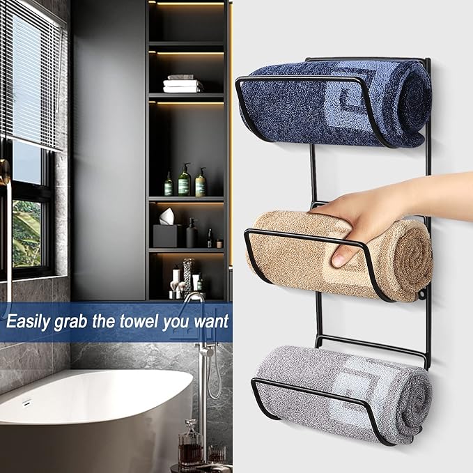 NearMoon Towel Rack Wall Mounted- All Metal Bathroom 2 Towel Rack Holders+ Hand Towel Storage Basket, Rustproof 3 Level Wine Rack Organizer for Hand Towels, Washcloths, 2+1 Pack (Matte Black)