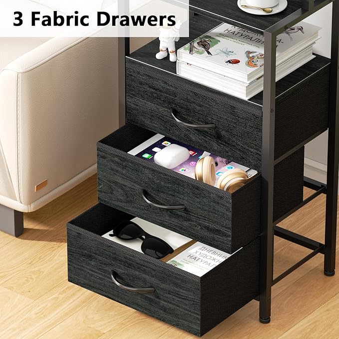 Furnulem Night Stand, Tall Nightstand with 4-Tier Shelves and 3 Fabric Drawers, LED Bed Side Tables with Charging Station, Bedside Table for Bedroom, Hallway, Home Office, Black Oak