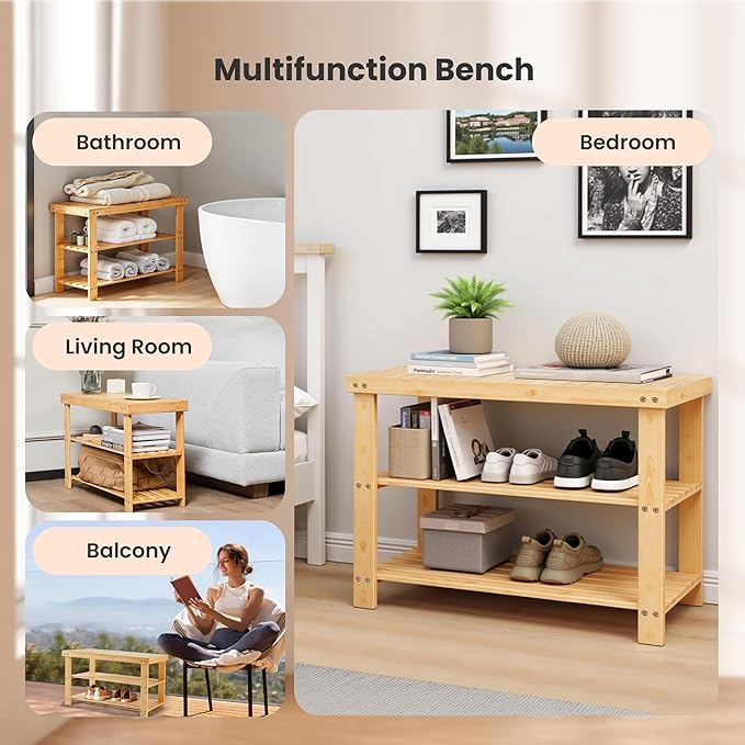 Simple Deluxe Shoe Rack Bench, 3-Tier Bamboo Storage Organizer, 286lb Capacity Entryway Bench for Front Door, Bedroom, Living Room, Bathroom, Balcony, Stylish Shoes Wood (11.3 x 27.6 x 17.8 Inches)