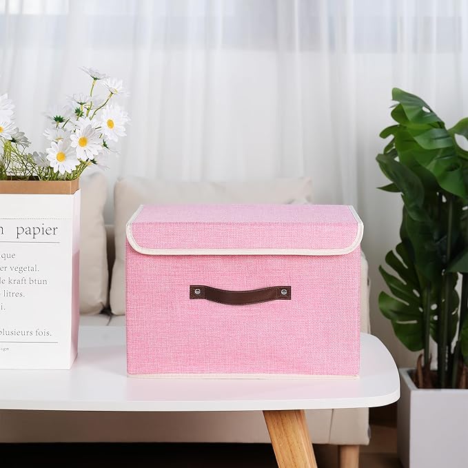 ANMINY Storage Bin with Lid Storage Boxes with PU Leather Handles PP Plastic Board Decorative Foldable Lidded Cotton Linen Fabric Home Cubes Baskets Closet Organizer Container - Pink, Large Size-NeatNest