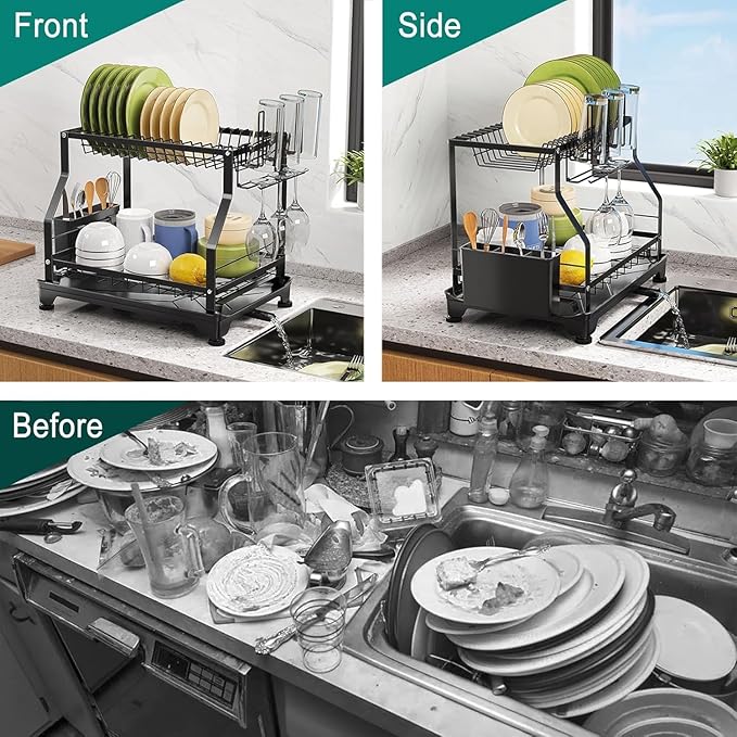 junyuan Dish Rack for Kitchen Counter,2 Tier Dish Drying Rack with 360° Swivel Spout,Large Dish Drainer with Utensil Holder,Adjustable Wine Glasses and Cup Holder,Strong and Sturdy,Black