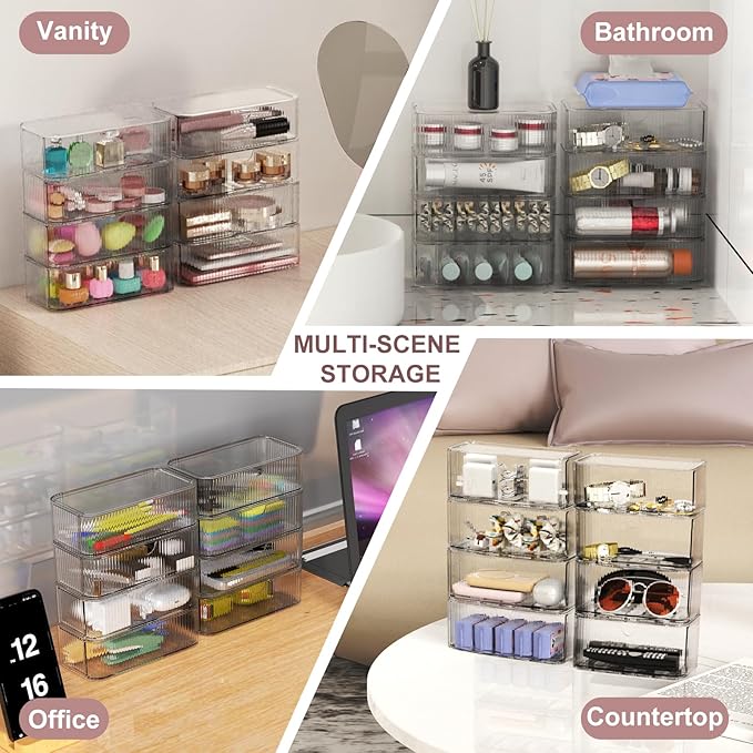 8-Pack Clear Stackable Storage Drawers with 16 Non-Slip Silicone Feet, Multi-Purpose Cosmetic & Home Organizers for Vanity, Office, Bathroom, Pantry, Easy-Pull Transparent Acrylic Storage Bins-NeatNest
