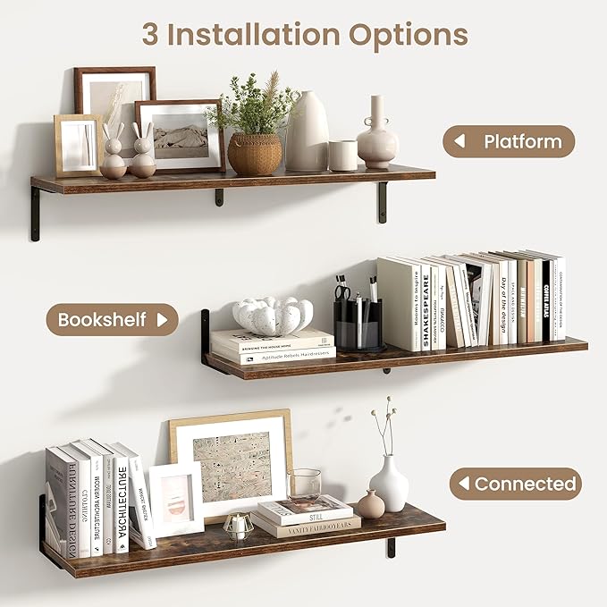 Fun Memories Deep Floating Shelves, 36W x 8D Floating Shelves Set of 2, Wall Mounted Shelf with Metal Brackets, Rustic Wood Wall Shelf for Bathroom, Kitchen and Living Room, Rustic Brown-NeatNest