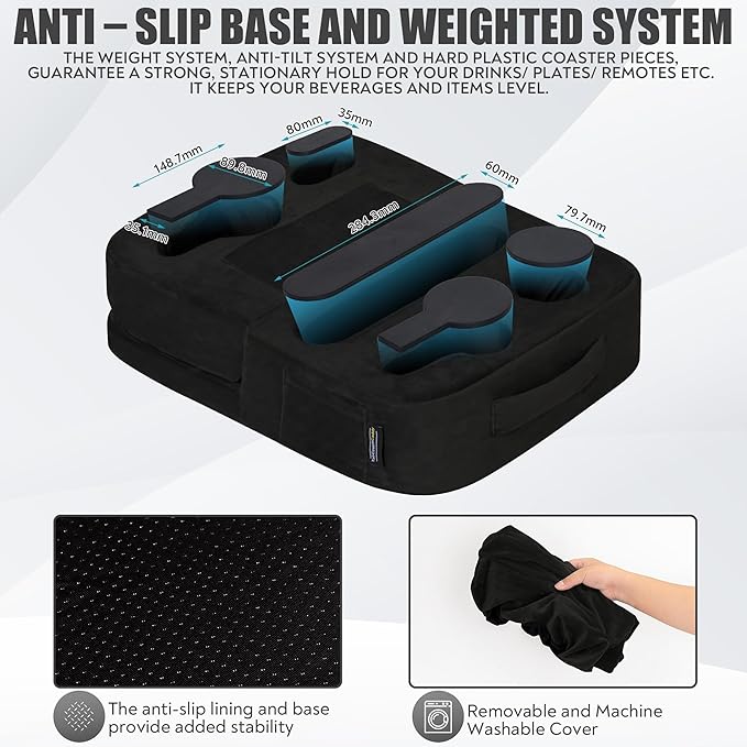 Couch Cup Holder Tray Pillow - Bed, Couch Caddy, Sofa, RV & Car - Holds Drinks, Snacks, Remotes, Phones, Kindle, Tablet | Bed Cup Holder (Black)-NeatNest