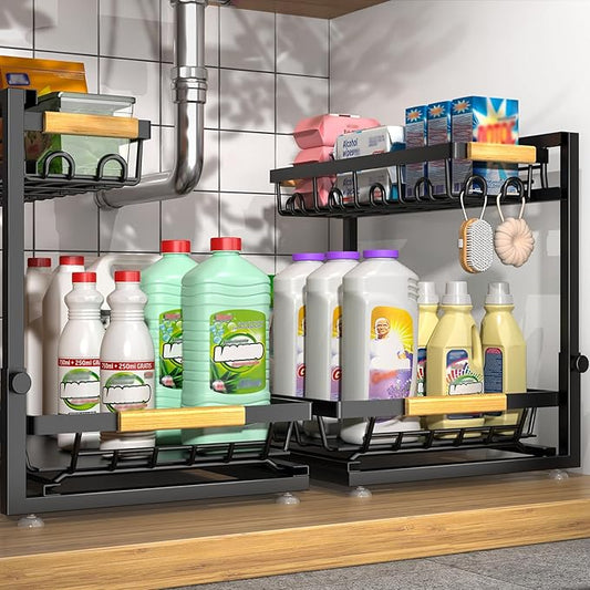 2 Packs Under Sink Organizer, High Adjustable 2 Tier Under Kitchen sink organizer, Multi-Purpose Storage Shelf for Kitchen Bathroom Cabinet, Black (Black)-NeatNest