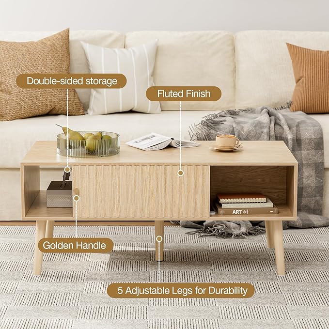 Coffee Table with Storage, Boho Dining Table with Sliding Fluted Door and Solid Wood Legs, Small Coffee Tables for Living Room, Oak-NeatNest