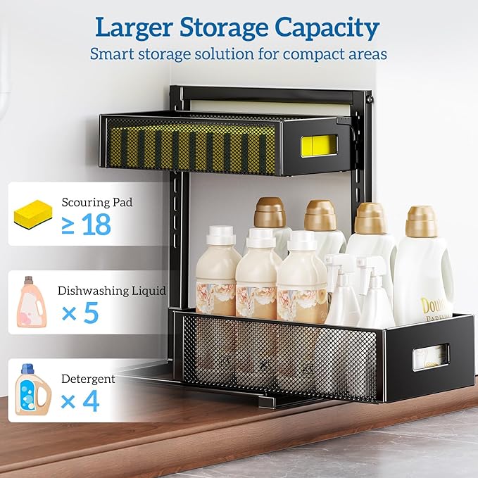 2 Tier Under Sink Organizer, Pull Out Cabinet Organizer, Slide Out Metal Kitchen Organizers Drawer Shelf, Sliding Storage Shelves for Kitchen Bathroom Pantry Cabinet Closet Organization Rack-NeatNest